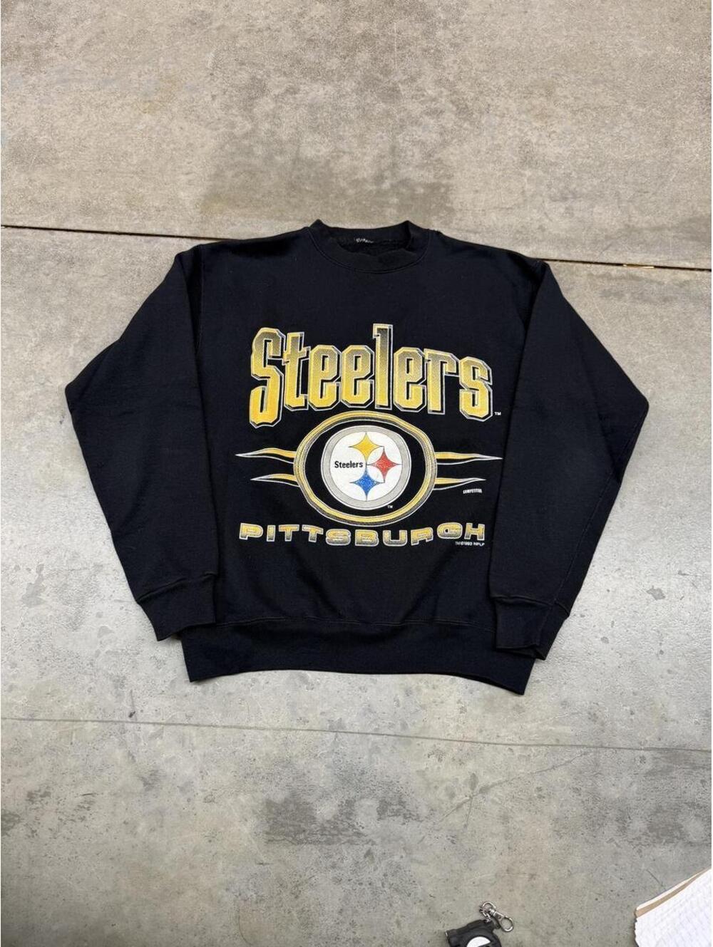 vintage pittsburgh steelers faded black spell out crewneck size medium=